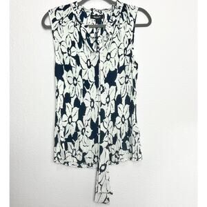 DKNY Womens B/W Pleated Tie Neck Blouse Top Large